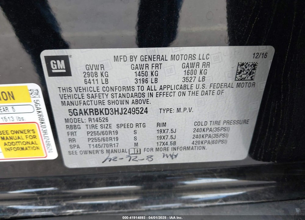 2017 BUICK ENCLAVE LEATHER VIN: 5GAKRBKD3HJ249524
