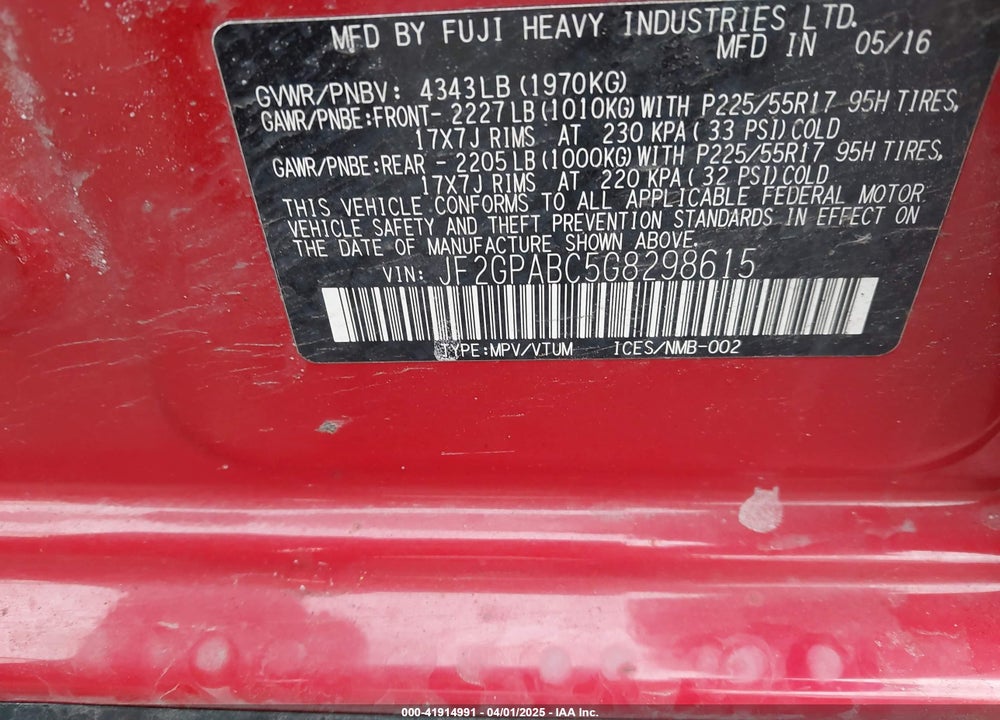 2016 SUBARU CROSSTREK VIN: JF2GPABC5G8298615