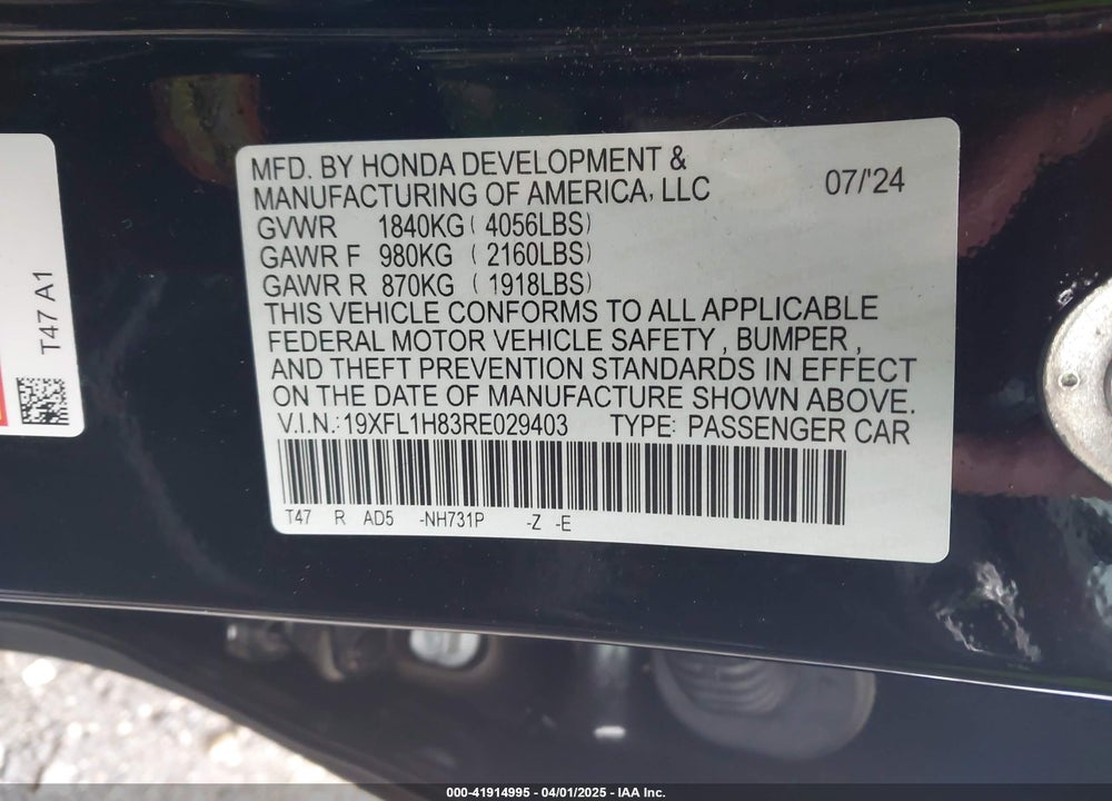 2024 HONDA CIVIC VIN: 19XFL1H83RE029403