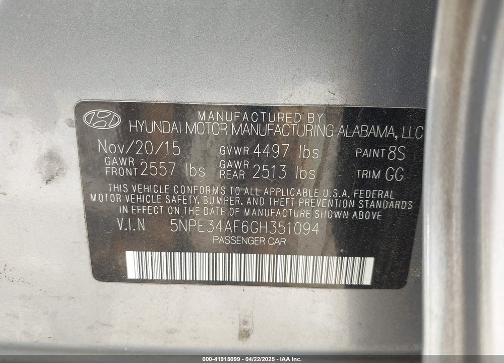 2016 HYUNDAI SONATA SPORT VIN: 5NPE34AF6GH351094