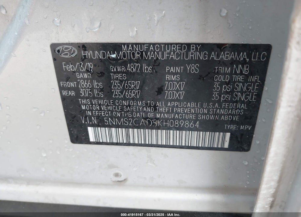 2019 HYUNDAI SANTA FE VIN: 5NMS2CAD5KH089864
