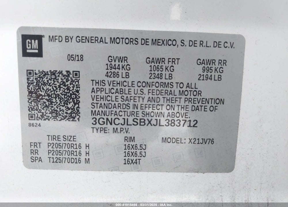 2018 CHEVROLET TRAX LT VIN: 3GNCJLSBXJL383712