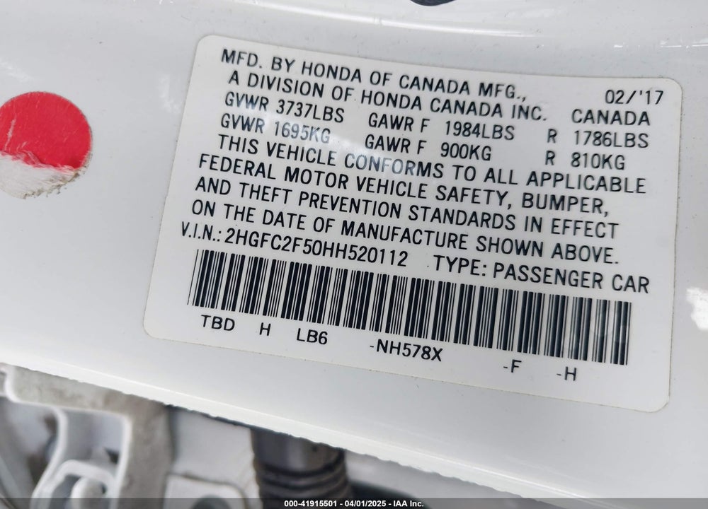 2017 HONDA CIVIC VIN: 2HGFC2F50HH520112