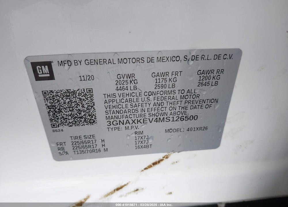 2021 CHEVROLET EQUINOX VIN: 3GNAXKEV4MS126500
