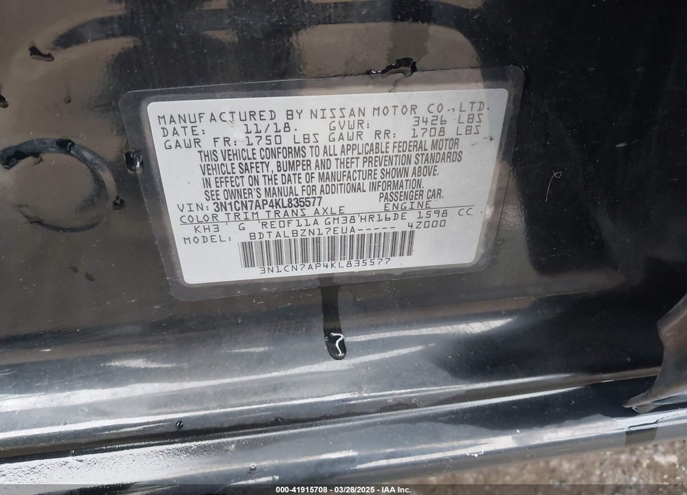 2019 NISSAN VERSA VIN: 3N1CN7AP4KL835577