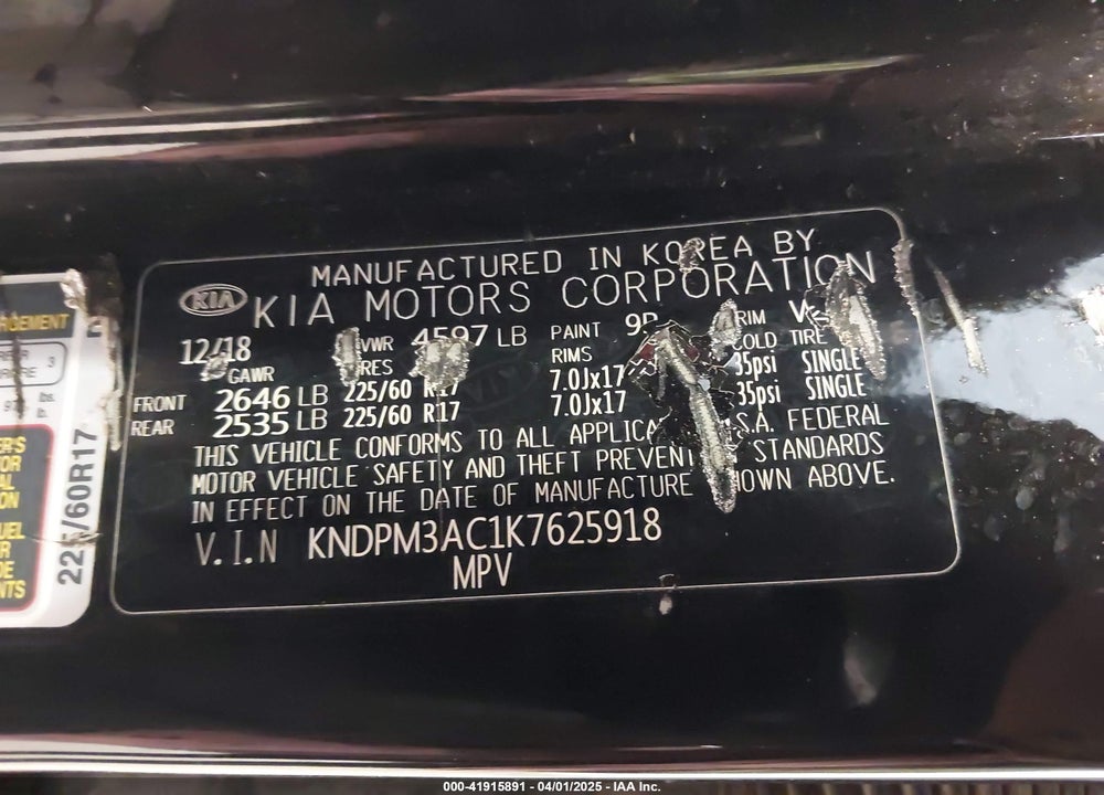 2019 KIA SPORTAGE VIN: KNDPM3AC1K7625918