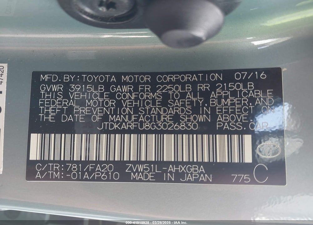 2016 TOYOTA PRIUS VIN: JTDKARFU8G3026830