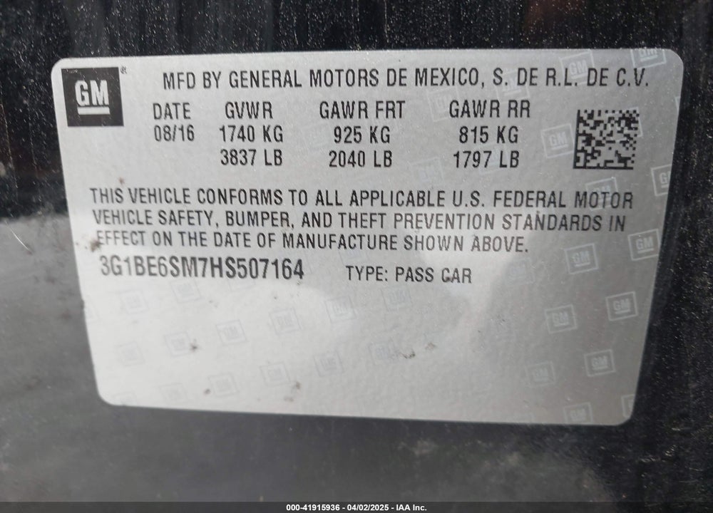 2017 CHEVROLET CRUZE LT AUTO VIN: 3G1BE6SM7HS507164