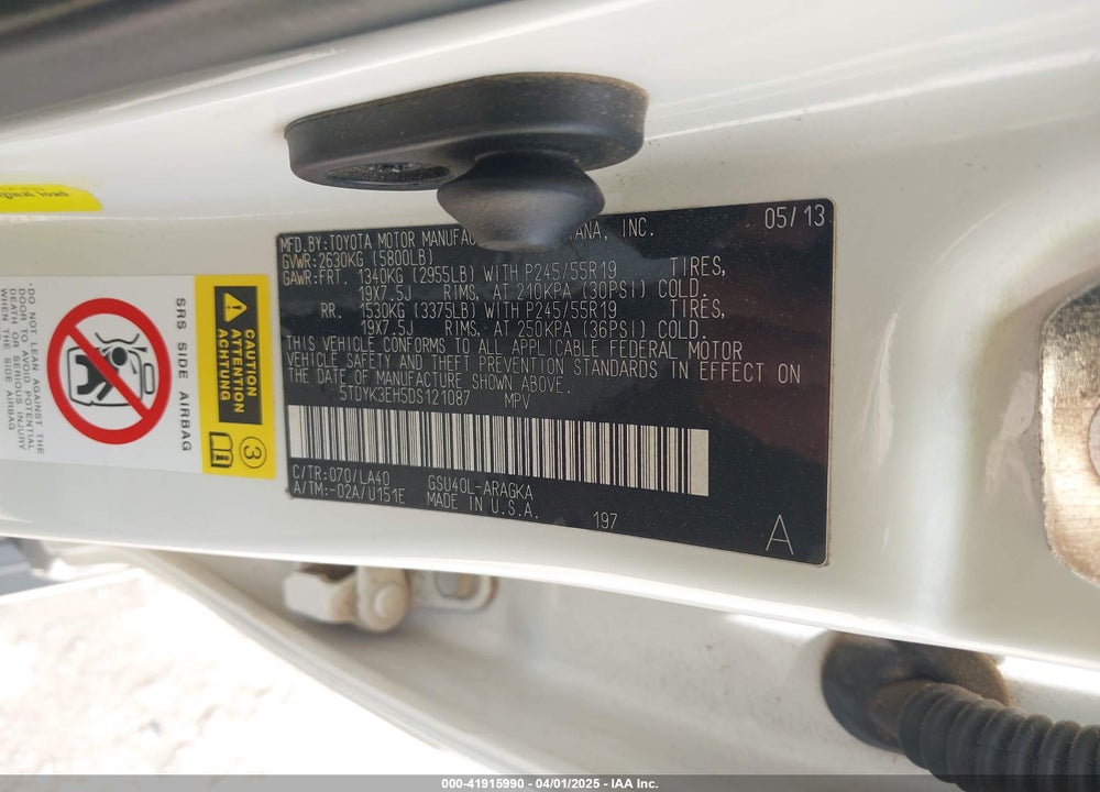 2013 TOYOTA HIGHLANDER LIMITED V6 VIN: 5TDYK3EH5DS121087