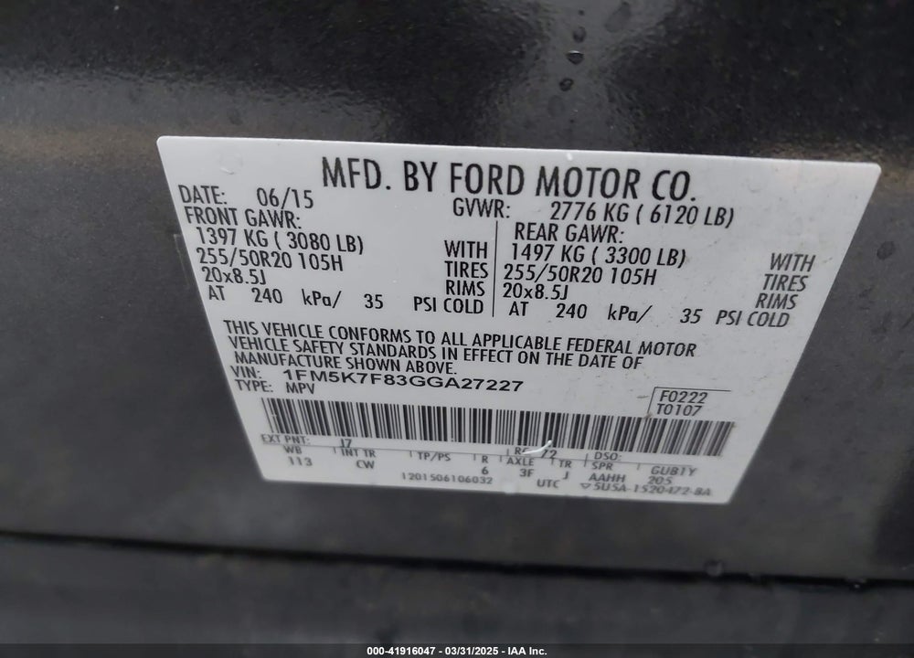 2016 FORD EXPLORER VIN: 1FM5K7F83GGA27227