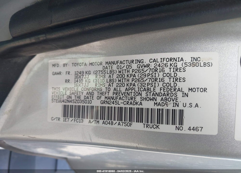2005 TOYOTA TACOMA BASE V6 VIN: 5TEUU42N45Z035010