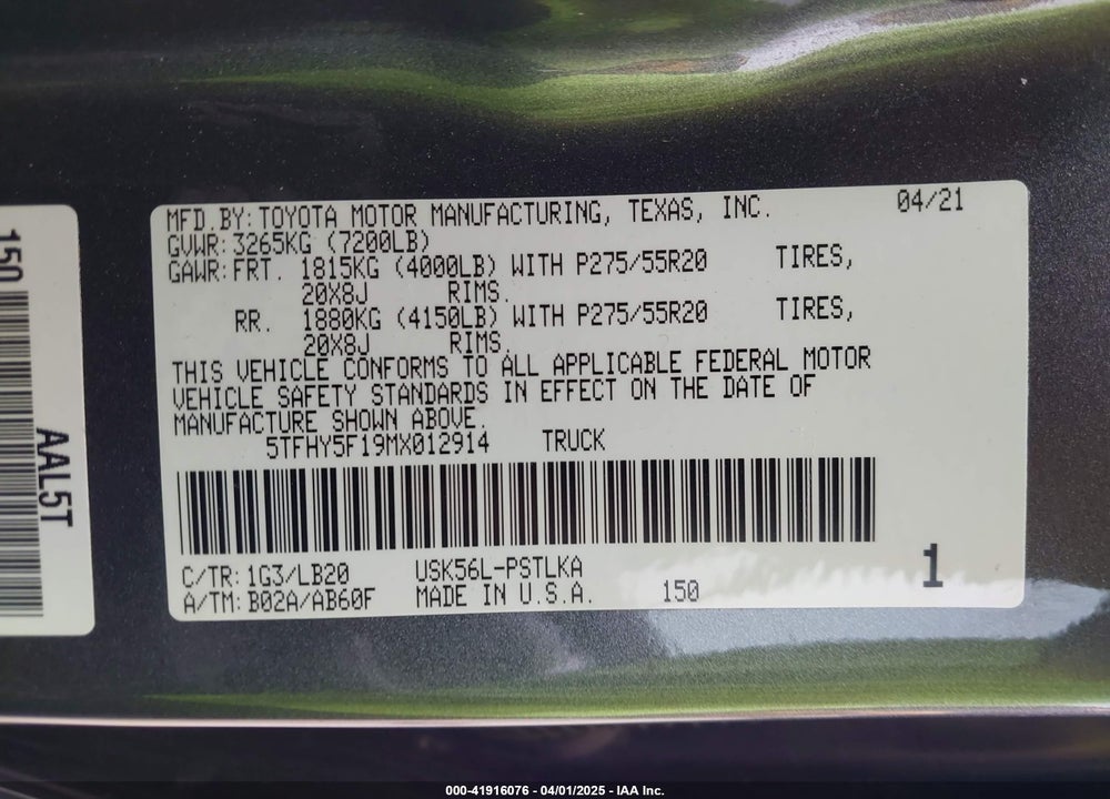 2021 TOYOTA TUNDRA LIMITED VIN: 5TFHY5F19MX012914