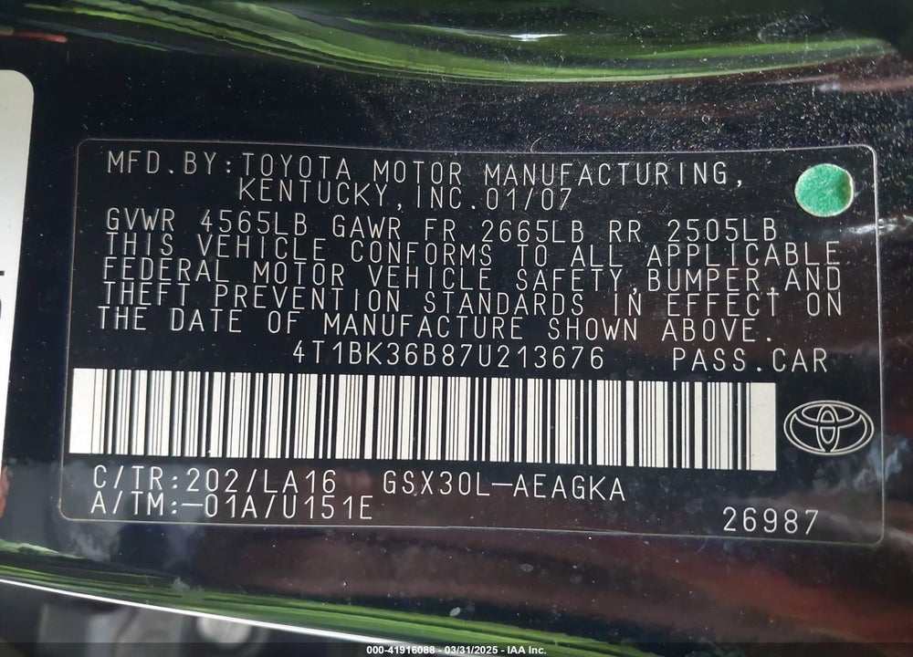 2007 TOYOTA AVALON VIN: 4T1BK36B87U213676