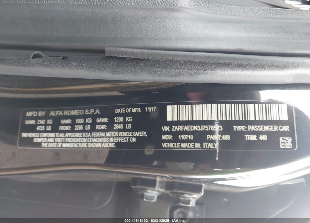 2018 ALFA ROMEO GIULIA AWD VIN: ZARFAEDN3J7578523