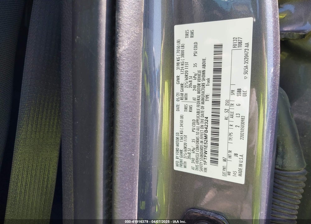 2021 FORD F-150 VIN: 1FTFW1E52MFB42324