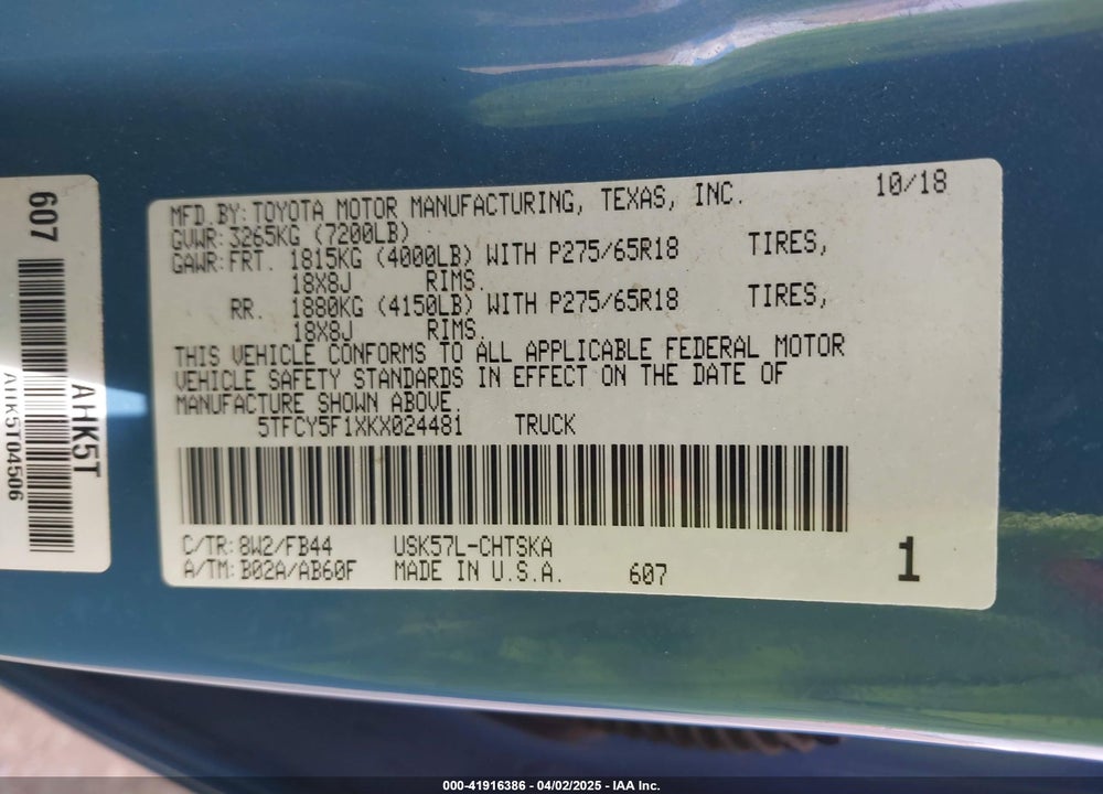 2019 TOYOTA TUNDRA VIN: 5TFCY5F1XKX024481