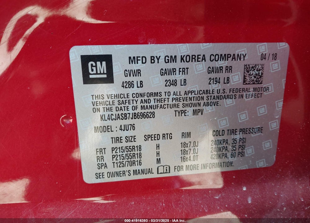 2018 BUICK ENCORE VIN: KL4CJASB7JB696628