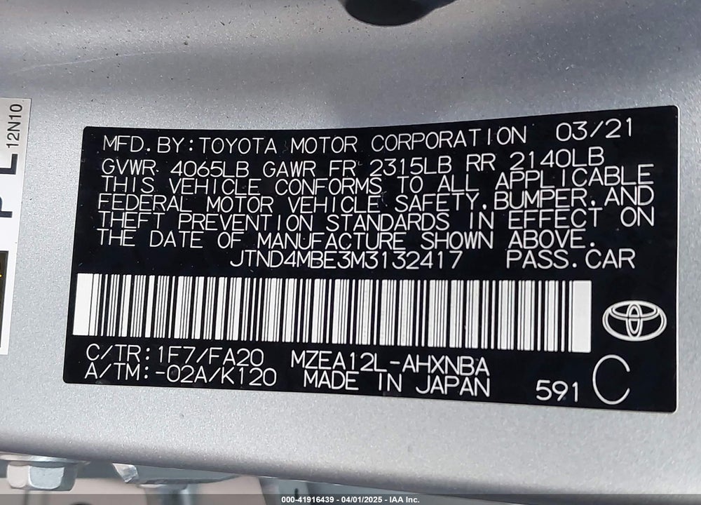 2021 TOYOTA COROLLA SE VIN: JTND4MBE3M3132417