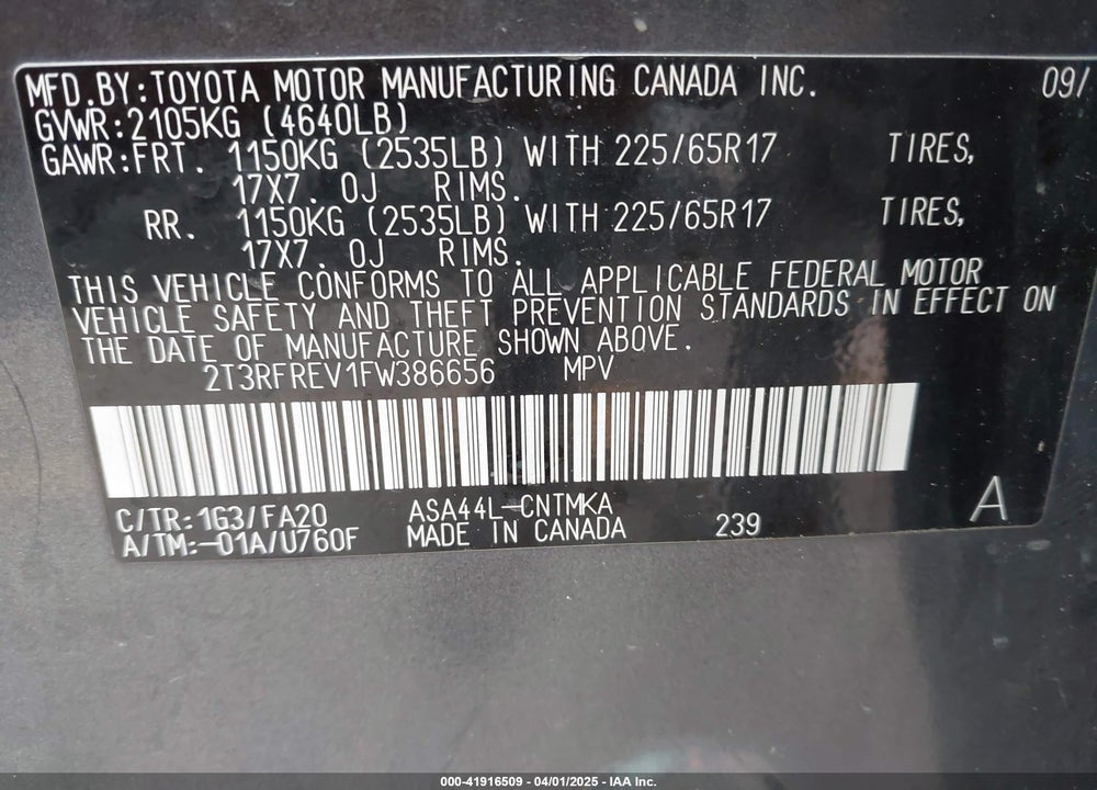 2015 TOYOTA RAV4 VIN: 2T3RFREV1FW386656