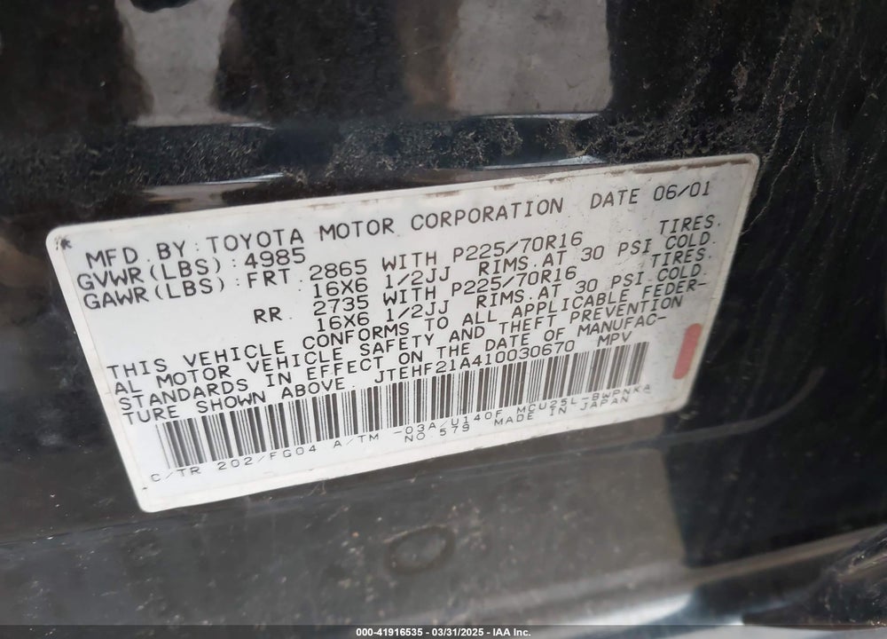 2001 TOYOTA HIGHLANDER VIN: JTEHF21A410030670