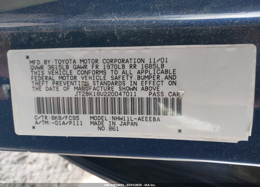 2002 TOYOTA PRIUS VIN: JT2BK18U220047011