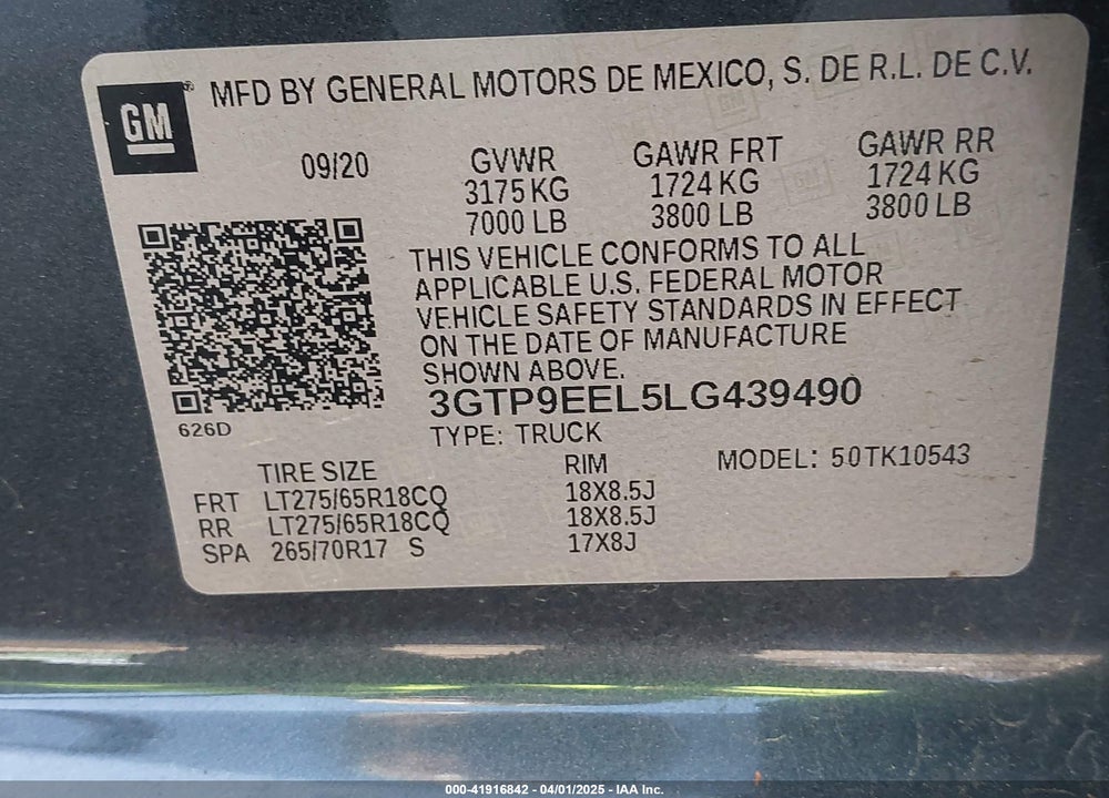 2020 GMC SIERRA VIN: 3GTP9EEL5LG439490