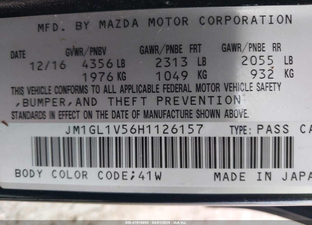 2017 MAZDA 6 VIN: JM1GL1V56H1126157