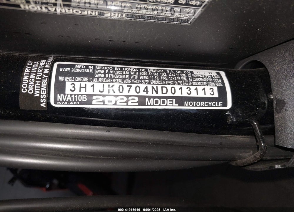 2022 HONDA NVA110 B VIN: 3H1JK0704ND013113