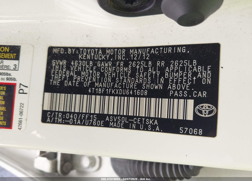 2013 TOYOTA CAMRY SE VIN: 4T1BF1FKXDU641608