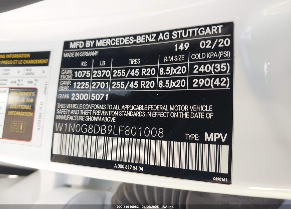2020 MERCEDES-BENZ GLC 300 VIN: W1N0G8DB9LF801008