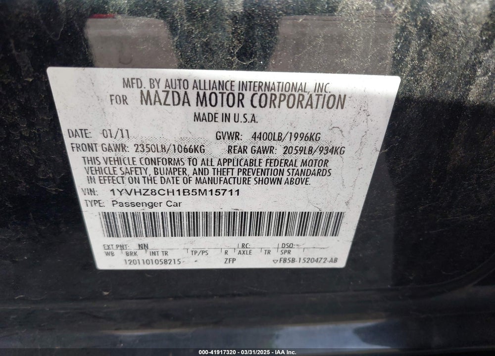 2011 MAZDA 6 I GRAND TOURING VIN: 1YVHZ8CH1B5M15711