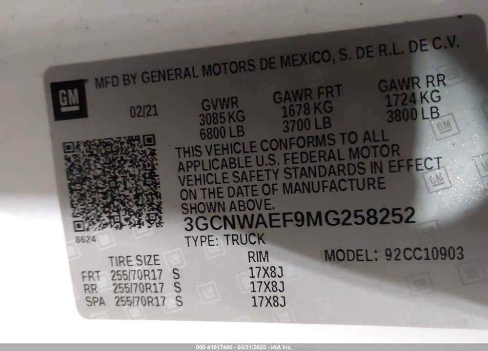 2021 CHEVROLET SILVERADO 1500 2WD LONG BED WT VIN: 3GCNWAEF9MG258252