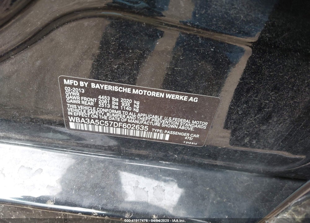 2013 BMW 3 SERIES VIN: WBA3A5C57DF602635