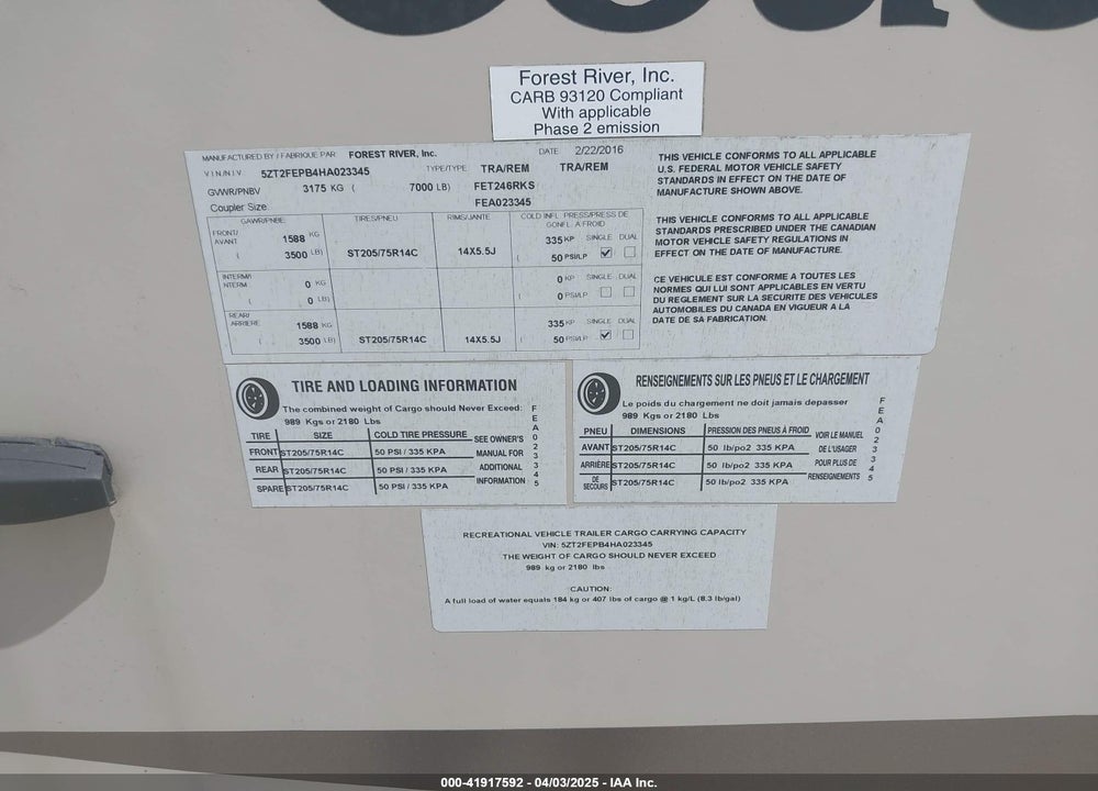 2016 FOREST RIVER FREEDOM TRAVEL TRAILER VIN: 5ZT2FEPB4HA023345