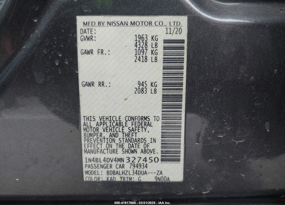2021 NISSAN ALTIMA VIN: 1N4BL4DV4MN327450