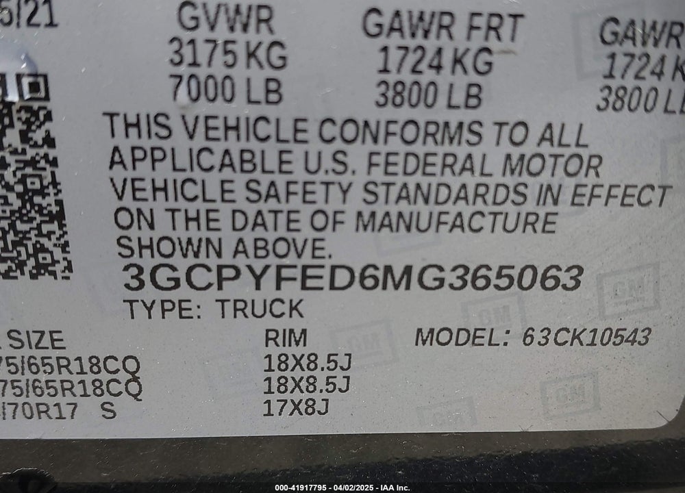 2021 CHEVROLET SILVERADO 1500 VIN: 3GCPYFED6MG365063