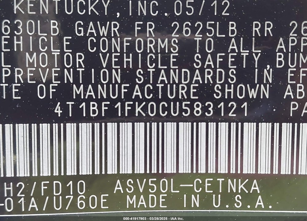 2012 TOYOTA CAMRY VIN: 4T1BF1FK0CU583121