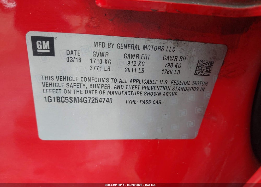 2016 CHEVROLET CRUZE VIN: 1G1BC5SM4G7254740
