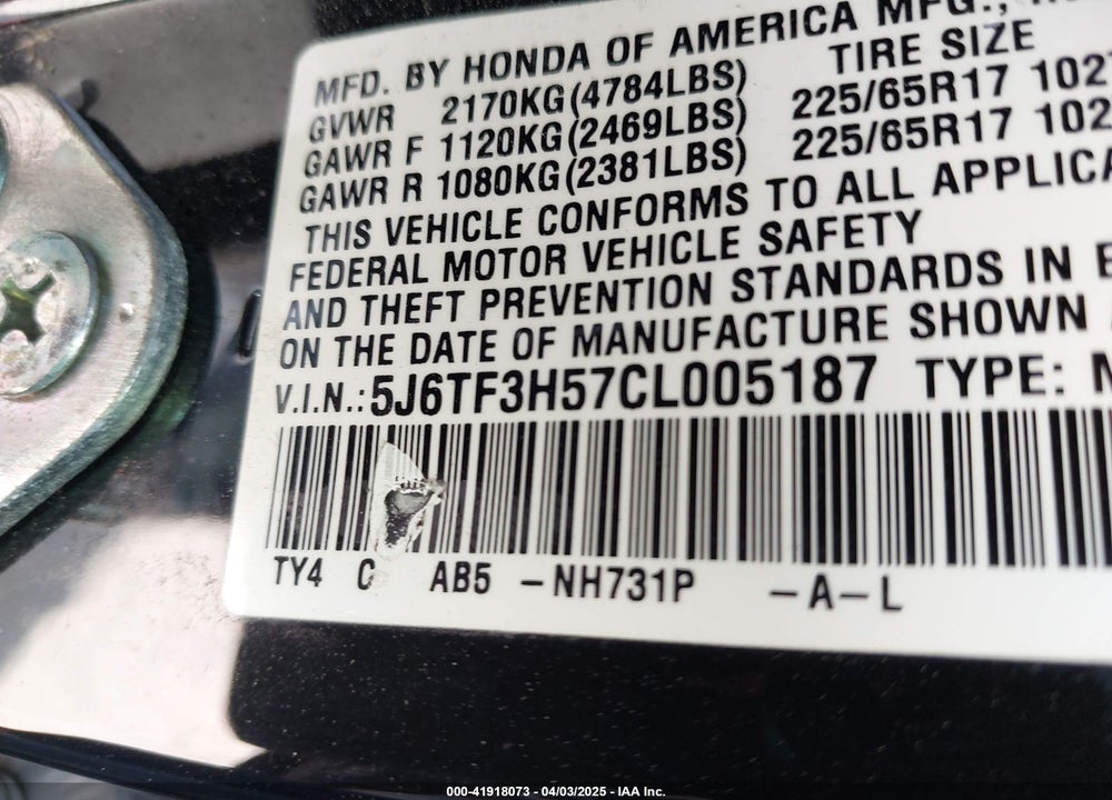 2012 HONDA CROSSTOUR VIN: 5J6TF3H57CL005187