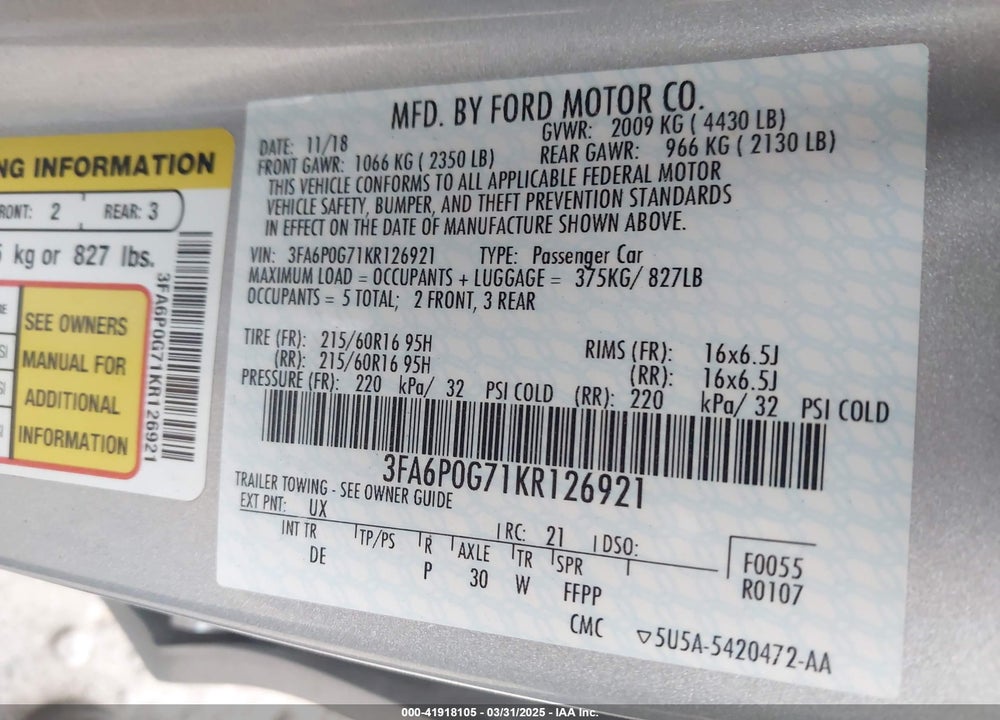2019 FORD FUSION S VIN: 3FA6P0G71KR126921