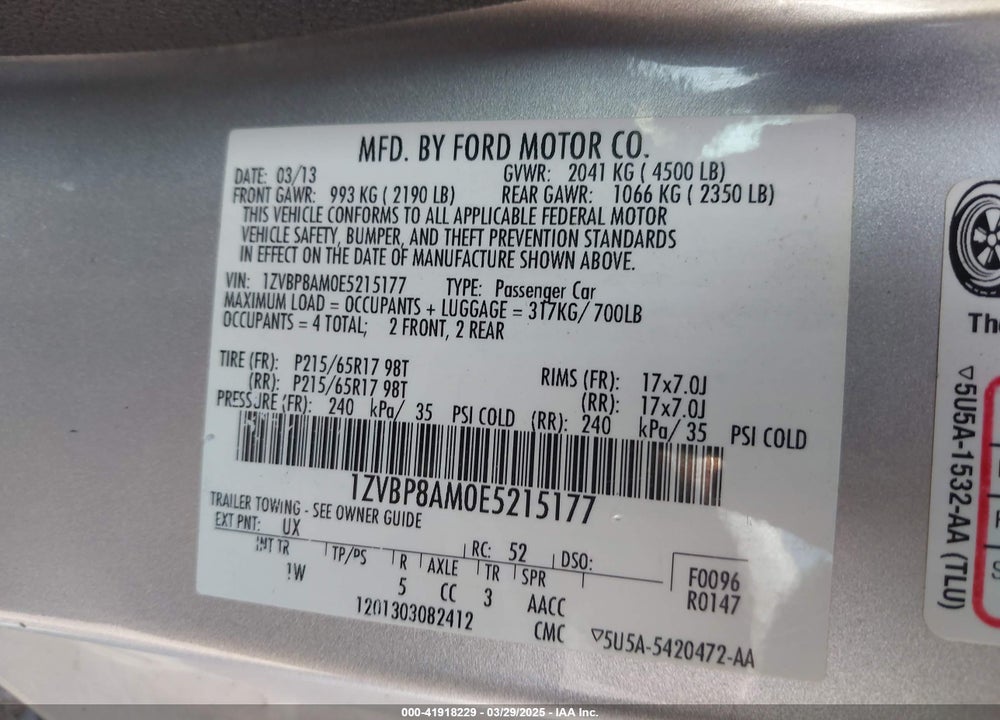 2014 FORD MUSTANG V6 VIN: 1ZVBP8AM0E5215177