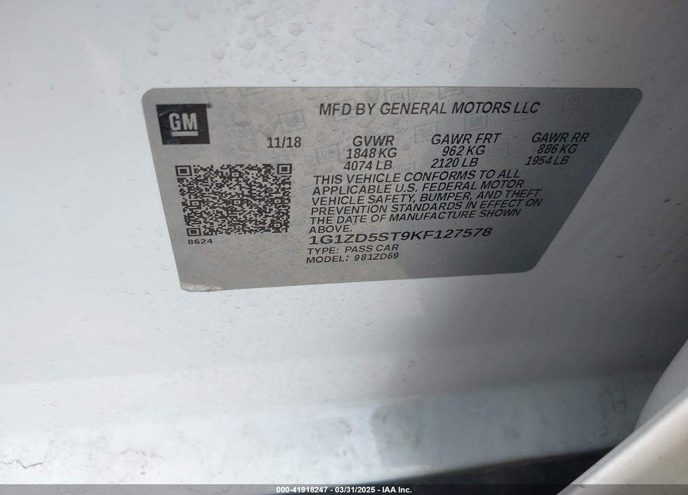 2019 CHEVROLET MALIBU LT VIN: 1G1ZD5ST9KF127578