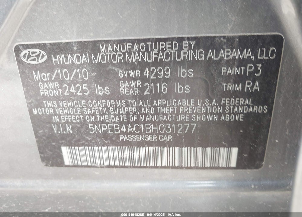2011 HYUNDAI SONATA VIN: 5NPEB4AC1BH031277