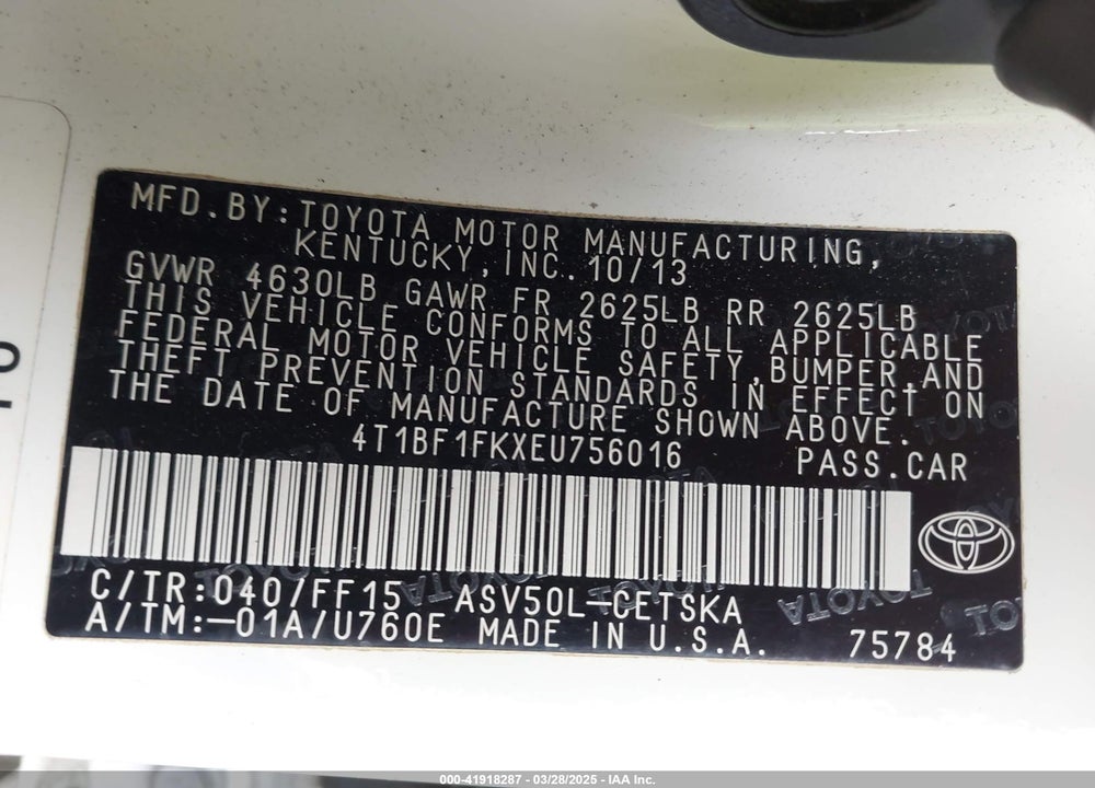 2014 TOYOTA CAMRY VIN: 4T1BF1FKXEU756016