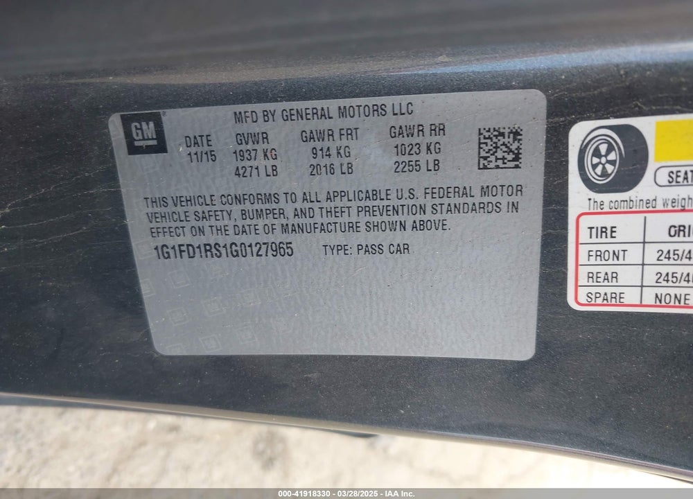 2016 CHEVROLET CAMARO 2LT VIN: 1G1FD1RS1G0127965