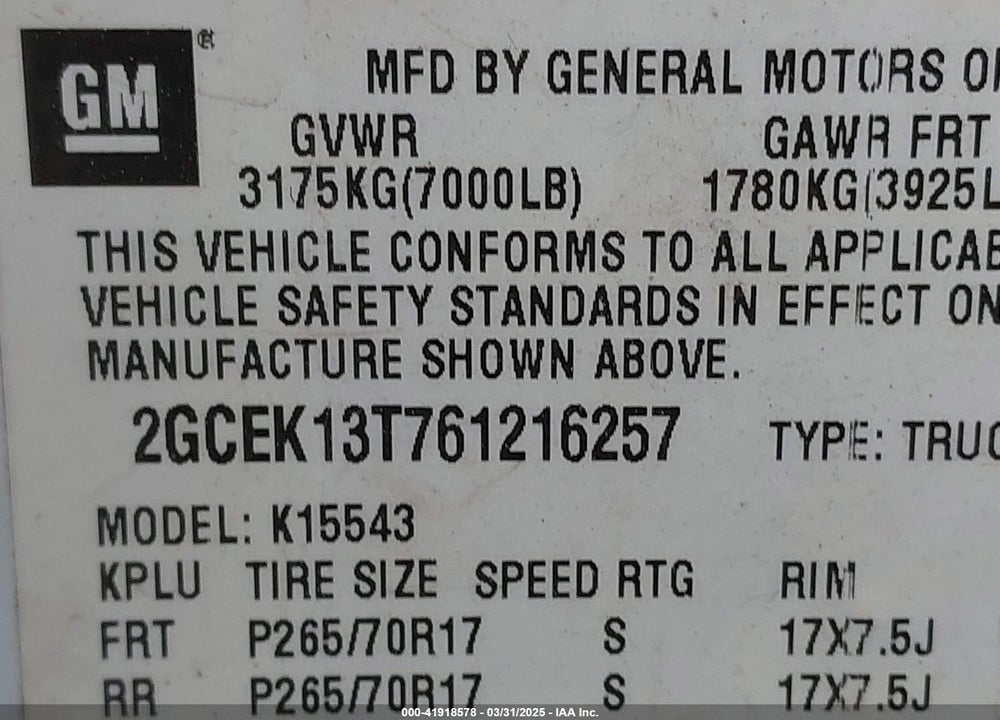 2006 CHEVROLET SILVERADO 1500 VIN: 2GCEK13T761216257