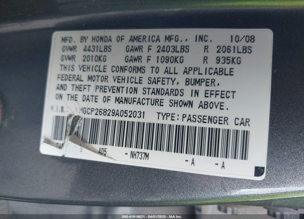 2009 HONDA ACCORD VIN: 1HGCP26829A052031
