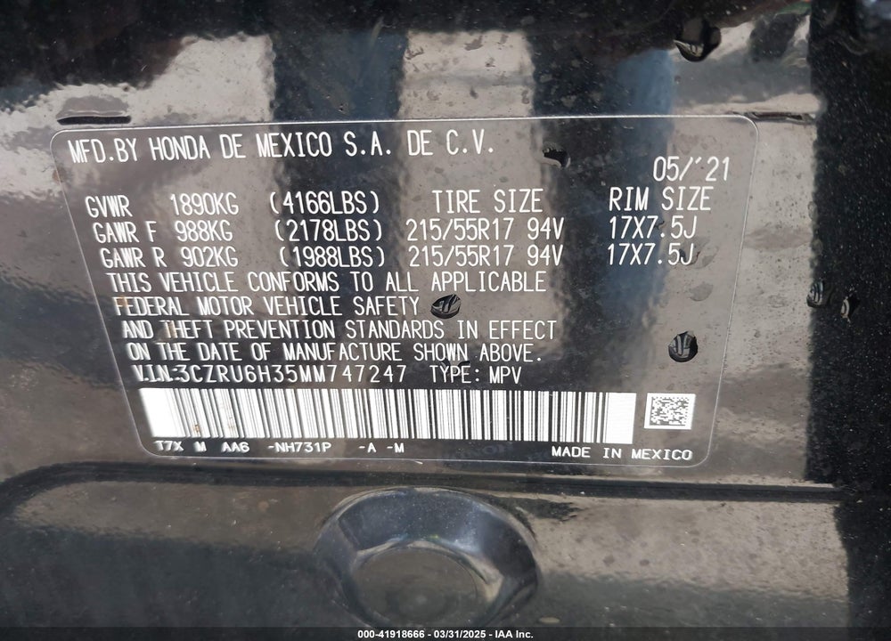 2021 HONDA HR-V VIN: 3CZRU6H35MM747247