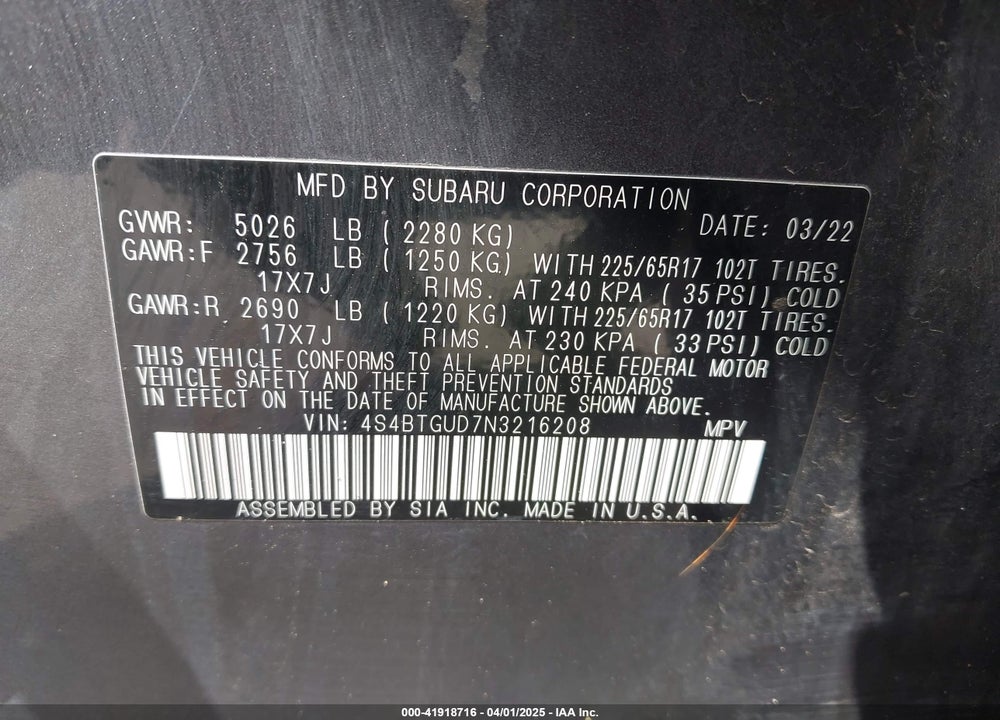 2022 SUBARU OUTBACK VIN: 4S4BTGUD7N3216208