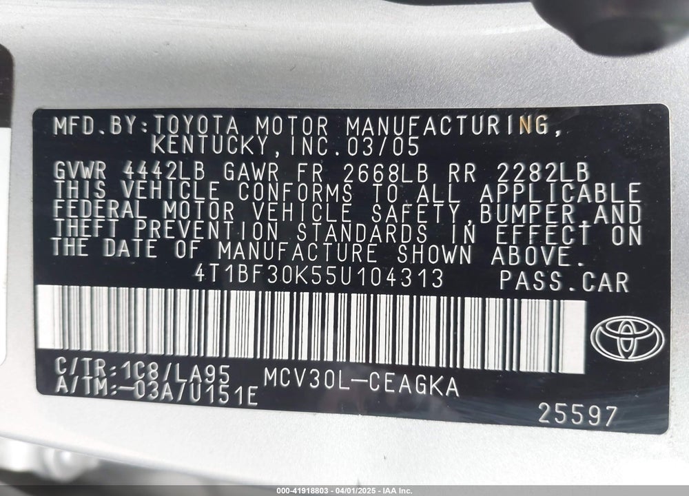 2005 TOYOTA CAMRY VIN: 4T1BF30K55U104313